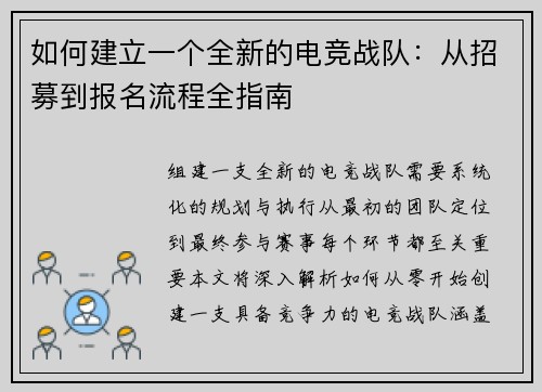 如何建立一个全新的电竞战队：从招募到报名流程全指南