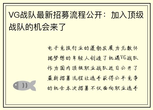 VG战队最新招募流程公开：加入顶级战队的机会来了